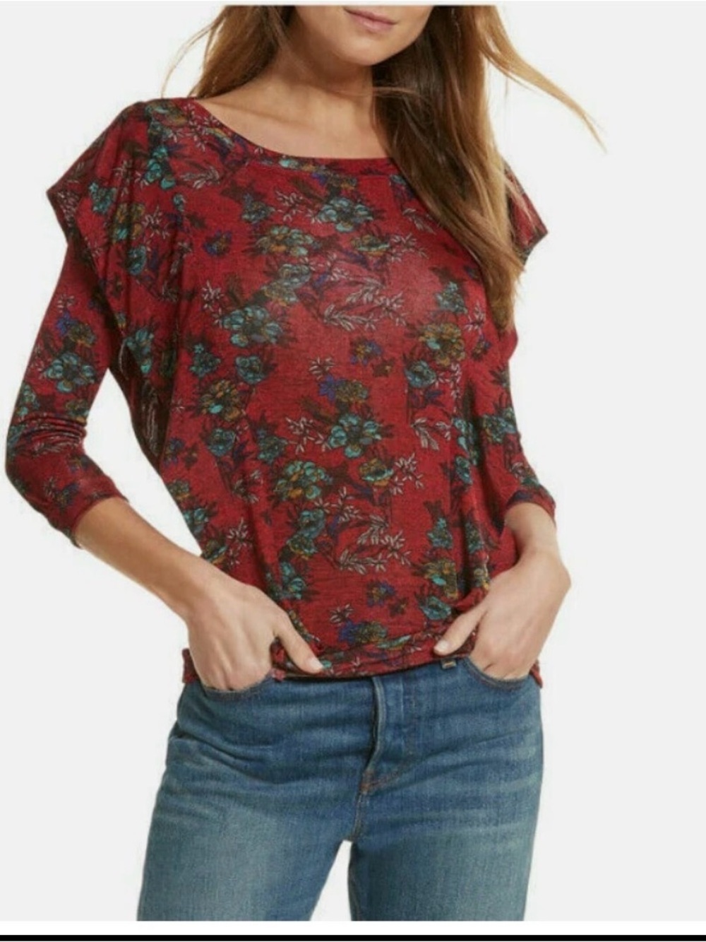 Free People Dock Street Red Floral Ruffle 3/4 Sleeve Top-Size S